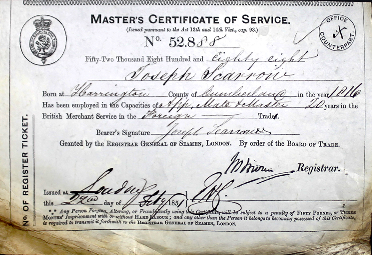 Joseph Scarrow's Master's Certificate of Service, 1851